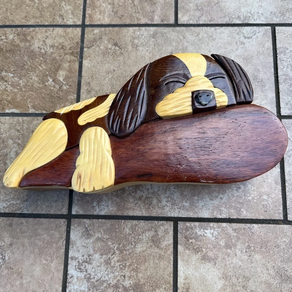 Vintage Wooden 3D Puppy Hideaway Box 4Pcs Wood Dog Laying Down Jewelry box